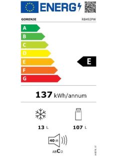   Gorenje RB492PW "E" egyajtós hűtő fagyasztóval 104/16 L