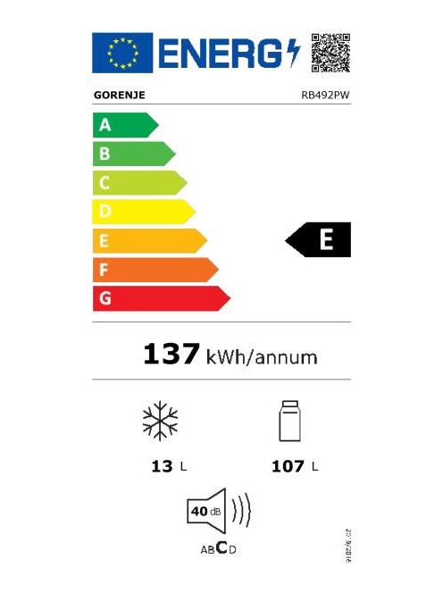 Gorenje RB492PW "E" egyajtós hűtő belső fagyasztóval 104/16 L