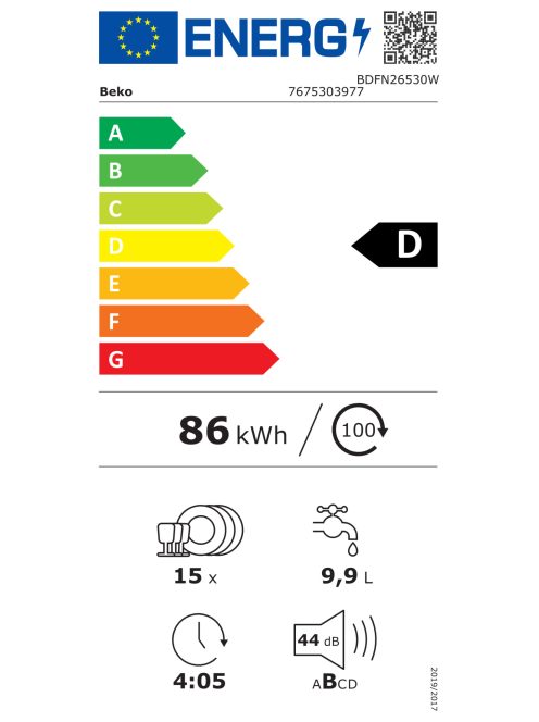 Beko BDFN26530W Fehér "D" 15 terítékes 3 tálcás  mosogatógép