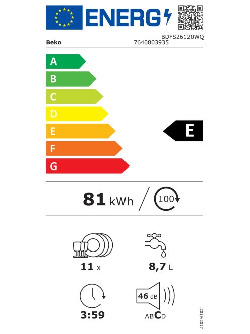 Beko BDFS26120WQ "E" 11 terítékes 3 tálcás fehér keskeny mosogatógép