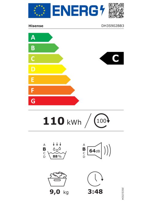 Hisense DH3S902BB3 fekete "C" Hőszivattyús szárítógép 9kg