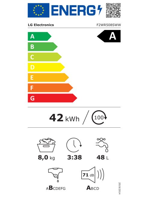 LG F2WR508SWW "A" 8kg 1200' keskeny,elöltöltös ,gőz funkciós mosógép